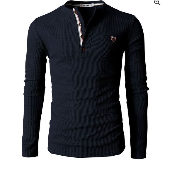 H2H Mens Casual Henley Long Sleeve Waffle Cotton Shirts Pocket Casual L - Picture 1 of 10